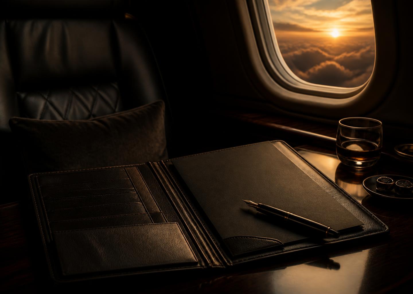 Leather portfolio and fountain pen beside a private jet window at sunset